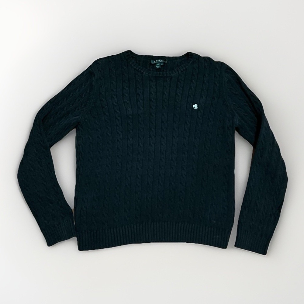Lauren Ralph‎ Lauren Women's Black Cable Knit Sweater Size L 100% Cotton